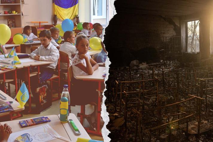 Composition: Children attend their first lesson as they mark the start of a new academic year at a general educational school in Avdiivka and A destroyed classroom is seen in a school in Avdiivka 