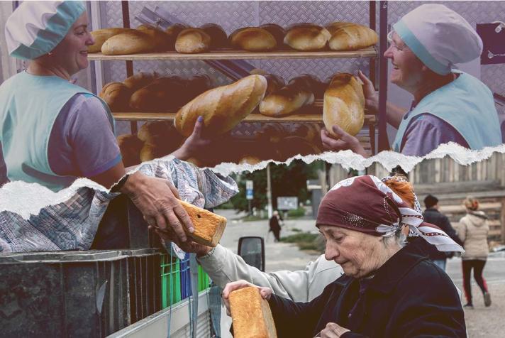 Composition of photos: Korshiv Bread Bakery and  Ukrainian volunteers distribute bread to residents of the town of Balakliya