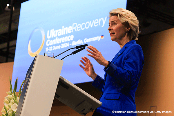European Commission President Ursula von der Leyen speaking at the 2024 Ukraine Recovery Conference in Berlin.