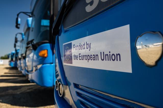 Buses donated by Sweden parked in the EU Civil Protection Mechanism’s logistic hub waiting to be shipped to Ukraine